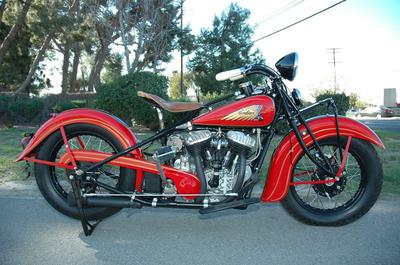 1935 Indian Chief motorcycle with a two-tone red and black paint color combination