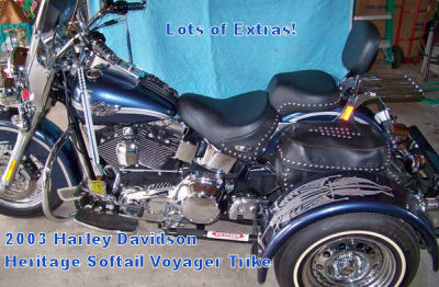 2003 Harley Trike Softail with a removable Voyager trike kit with gun metal blue paint (this photo is for example only; please contact seller for pics of the actual motorcycle for sale in this classified)