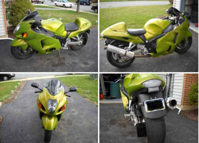 2006 Hayabusa 1300 R w hindle exhaust , lowering link, strapped front suspension, custom modifications and House of Color Pearl green paint (this photo is for example only; please contact seller for pics of the actual motorcycle for sale in this classified)
