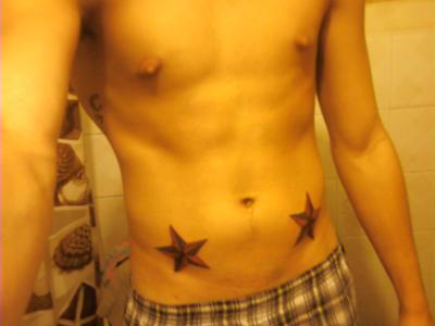 You can see that I have a black and red nautical star tattoo on both hips