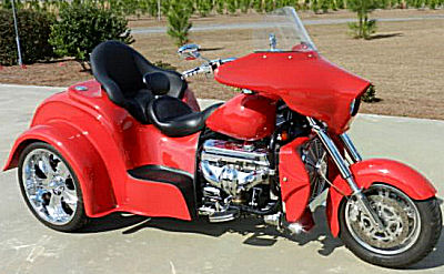 Corvette Red Boss Hoss Chevy Trike w 385 HP ZZ 350 Chevy engine with factory cam kit, a 32 Coupe body style with trunk