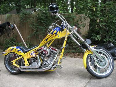 2003 Custom Hot Rod Chopper Yellow, Royal  and Cobalt BlueTribal Flame Tank Art and Fender Graphics