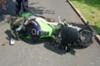 The Kawasaki motorcycle that the unfortunate accident victim was riding at the time of impact.