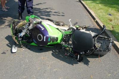 The Kawasaki motorcycle that the unfortunate accident victim was riding at the time of impact.
