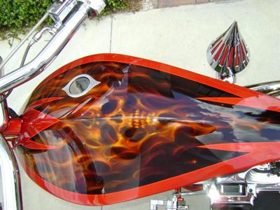 Custom 2006 PITBULL Chopper Fuel Tank Artwork Graphics Candy Pearl Tangerine House of Colors Paint with Skull on Fire Mural