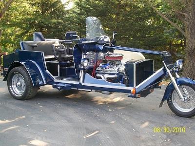 Custom built V8 Trike Chevy HO 330+ HP motor, Vortex heads, a new rebuilt 350 transmission with Promatic 2 Turbo shifter (this photo is for example only; please contact seller for pics of the actual motorcycle for sale in this classified)