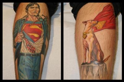 SUPERMAN MAN OF STEEL AND KRYPTO CALF of LEG TATTOO 