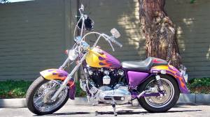 1980 Harley Davidson IronHead Iron Head Sportster  with Purple, Gold and Yellow Custom Fuel Tank Paint Job with Flame Graphics Art 