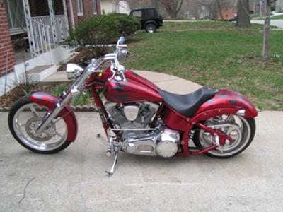 2003 Big Dog Mastiff w red metal flake and gray medal flake paint and flames graphics (this photo is for example only; please contact seller for pics of the actual motorcycle for sale in this classified)