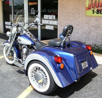 Cobalt Blue and Silver 2006 Softtail Custom Trike for Sale with Champion Conversion Kit (this photo is for example only; please contact seller for pics of the actual motorcycle for sale in this classified) 