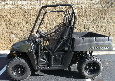 Sage Green 2013 Polaris Ranger 400 ATV with with its on-demand true all-wheel drive (AWD) and 500 pound capacity, rear dump box