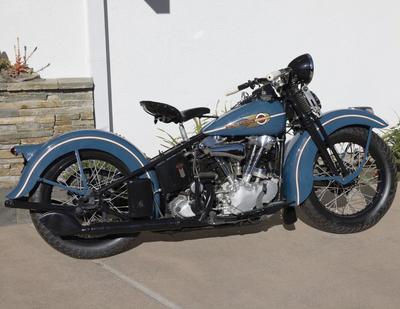 Photo of an old 1938 Harley EL Knucklehead  motorcycle painted in Venetian Blue Harley Davidson paint color