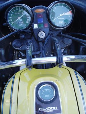 Yellow 1976 Honda Goldwing fuel tank and instrument panel