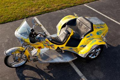 Custom Bright Yellow Trike w 1600 Volkswagen Engine and Harley Davidson motorcycle components featured in Full Throttle Magazine